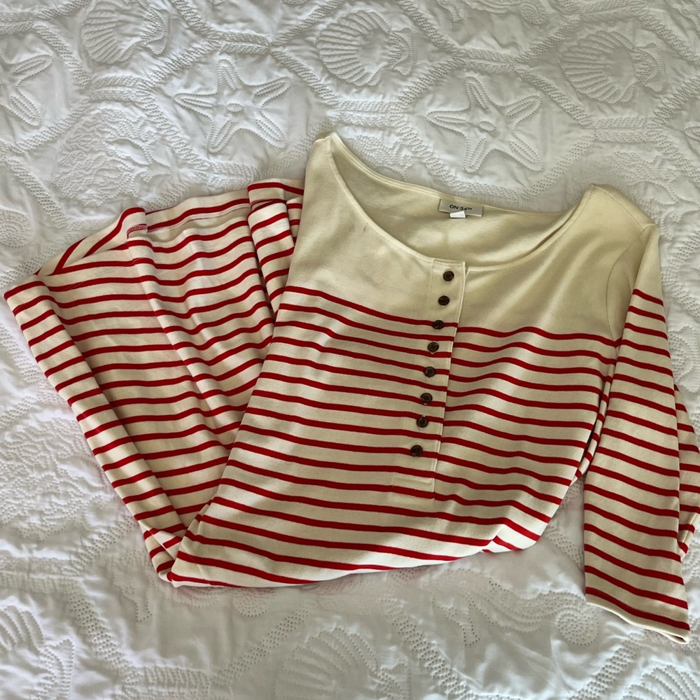 ON-34th Woman’s Red and Cream Striped Long Sleeve Midi Dress